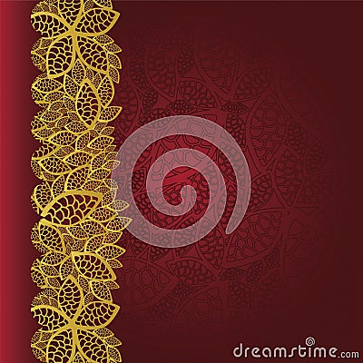 Red background with golden leaves border Vector Illustration