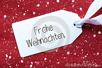 Red Background, Label, Frohe Weihnachten Means Merry Christmas, Snowflakes Stock Photo