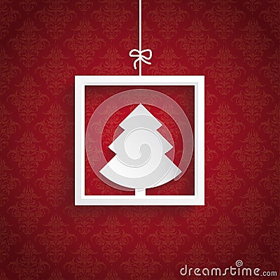 Red Background Ornaments Quadrate Frame Christmas Tree Vector Illustration