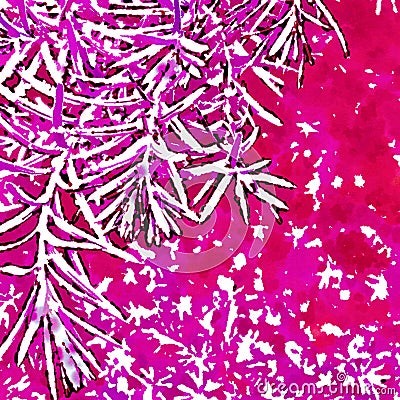 White branches on a bright crimson background. Watercolor texture. Stock Photo