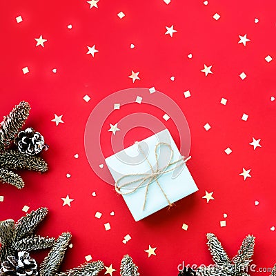 Red Christmas background , holiday concept . Flat lay. Stock Photo