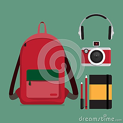 Red backpack with multiple items. Vector Illustration