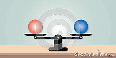Red ball balancing blue ball with scale on table and pastel background. Concept of balance and harmony. minimal graphic. Cartoon Illustration
