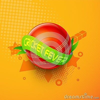 Red ball with green ribbon for Cricket Fever. Stock Photo