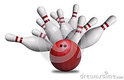 Red Ball Hitting Pins in Bowling Strike Isolated on White Background Stock Photo