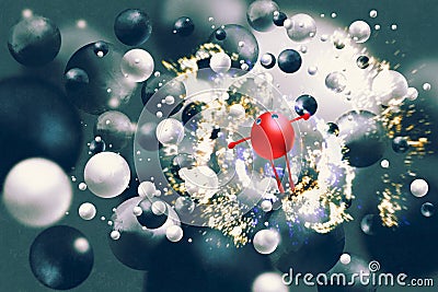 Red ball raising arms amongst floating black&white balls Cartoon Illustration