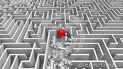Red ball in white maze. The concept of solving complex business problems or training. Overcoming obstacles and difficulties. Stock Photo