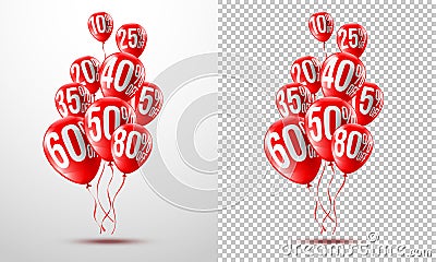 Red Balloons Discounts for Retail,Shopping,Sale or Promotion concept.Group of Balloon Discounts on transparent background Vector Illustration