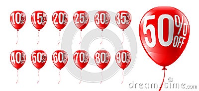 Red Balloons Discounts for Retail,Shopping,Sale or Promotion concept.Set of Balloon 10%, 15%, 20%, 25%, 30%, 35%, 40%, 50%, 60%, Vector Illustration