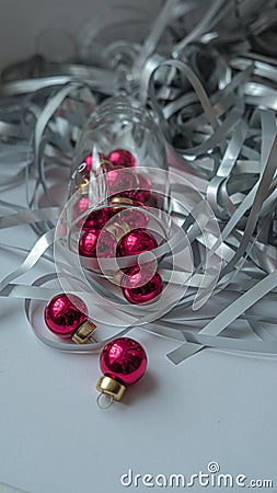 A dynamic composition for a festive mood, consisting of bright red Christmas balls and a transparent sparkling wine glass Stock Photo