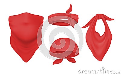 Red bandana and buff. Realistic headband and scarf. Ways to wear kerchief on head and neck. Isolated detailed unisex Vector Illustration