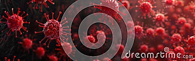 Red Banner Background with Influenza Virus Cells: Microscopic View of Virology Medicine, COVID, Flu, and Outbreak Concept Stock Photo