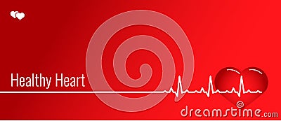 Red Banner with white line heartbeat and heart. Vector Illustration