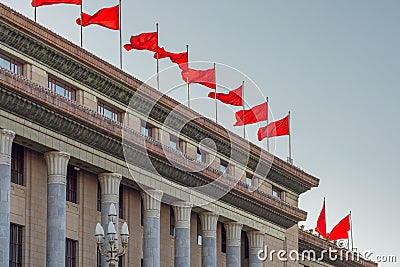 Red banners atop the National People`s Congress in Beijing, China Stock Photo