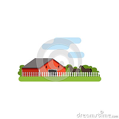 Red barn, horse in the corral on farm, rural landscape vector Illustration Vector Illustration