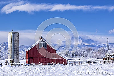 Red Barn and Longs Peak Winter Day Stock Photo