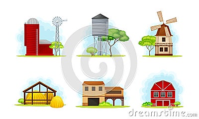 Red Barn, Mill for Flour Grounding and Granary for Crop Storage Vector Set Vector Illustration