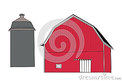 Red Barn & Silo Vector Illustration