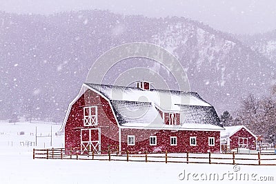 Red Barn in the Snow Stock Photo