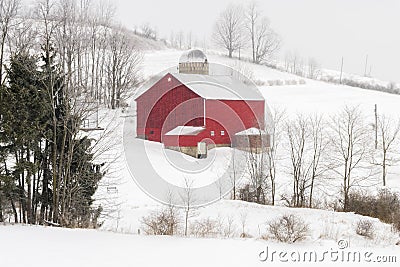 Red Barn and Snow Stock Photo