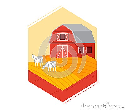 Red barn with two cows in front on a farm. Countryside agriculture scene with livestock. Farming life and rural Vector Illustration