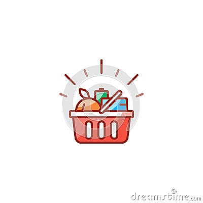Red basket with grocery products, promotion deal, shopping food line icon Vector Illustration