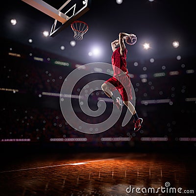 Red Basketball player in action Stock Photo
