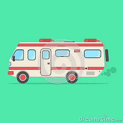 Red and beige travel camper van on green background Vector Illustration