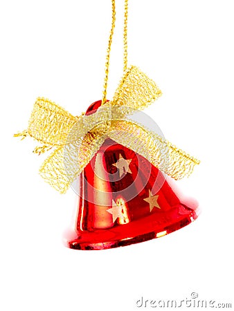 Red bell with golden ribbon brightened Stock Photo