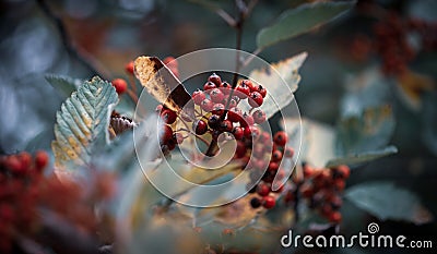 Red berries on a cold background surrounded by leaves in Winter Stock Photo