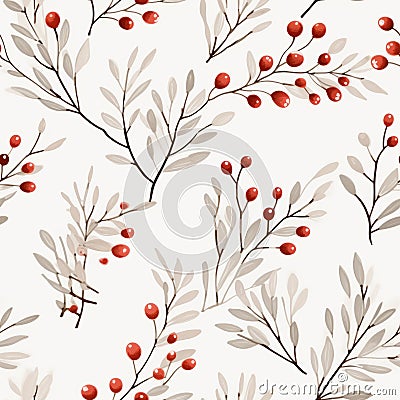 Red Berry Branch Seamless Pattern For Festive New Year's Day Stock Photo