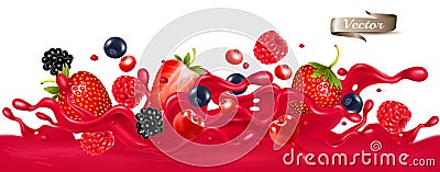 Red berry juice splash wave. Whole and sliced strawberry, raspberry, cherry Vector Illustration