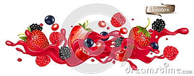 Red berry juice splash wave. Whole and sliced strawberry, raspberry, cherry, blueberry and blackberry Vector Illustration