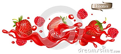 Red berry juice splash wave. Whole and sliced strawberry, raspberry, cherry, blueberry and blackberry Vector Illustration