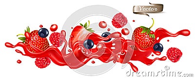 Red berry juice splash wave. Whole and sliced strawberry, raspberry, cherry, blueberry and blackberry in a sweet syrup wave with Vector Illustration