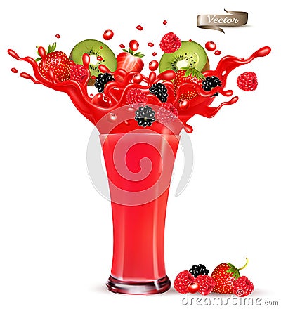 Red berry juice splash. Whole and sliced strawberry, raspberry, cherry, blackberry and kiwi in a sweet juce Vector Illustration