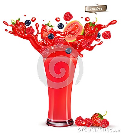 Red berry juice splash. Whole and sliced strawberry, raspberry, cherry blueberry and guava in a sweet juce Vector Illustration