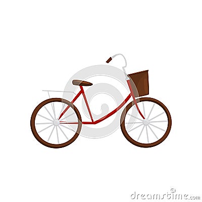 Red bicycle with brown basket, side view. Popular Vietnamese transport. Vehicle with two wheels. Flat vector design Vector Illustration