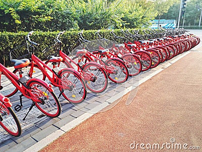 Red Bike Share in bejing of china Editorial Stock Photo