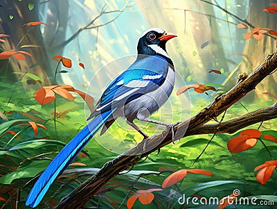 Red billed Blue Magpie Made With Generative AI illustration Cartoon Illustration