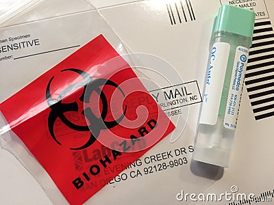 Red biohazard label mailer Stock Photo