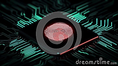 Red biometric fingerprint hologram on a microchip representing high-tech encryption Stock Photo