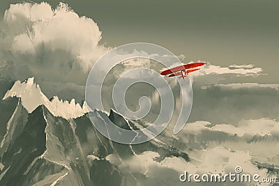 Red biplane flying over mountain Cartoon Illustration