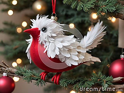 A Red Bird Orname On A Christmas Tree. Generative AI Stock Photo