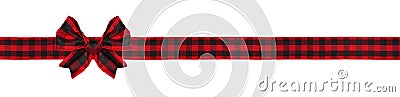 Red and black buffalo plaid Christmas gift bow and ribbon long border isolated on white Stock Photo