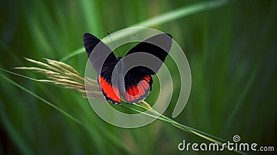 a red and black butterfly resting on a blade of grass Stock Photo