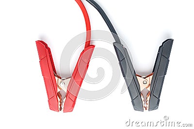 Red and black cooper jumper cable isolated on white background. Power supply wire for car battery. Top view Stock Photo