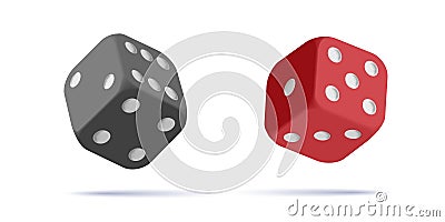 Red and black dices with white dots icons. Rounded corners cubes in the air, render 3d icons Vector Illustration