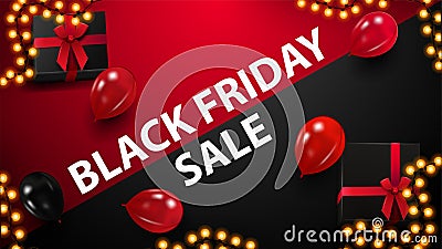 Red and Black discount banner for black friday with presents and balloons, top view Vector Illustration