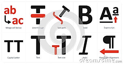 A set of 10 editing tools icons as merge cell below, line through, taxt path Stock Photo